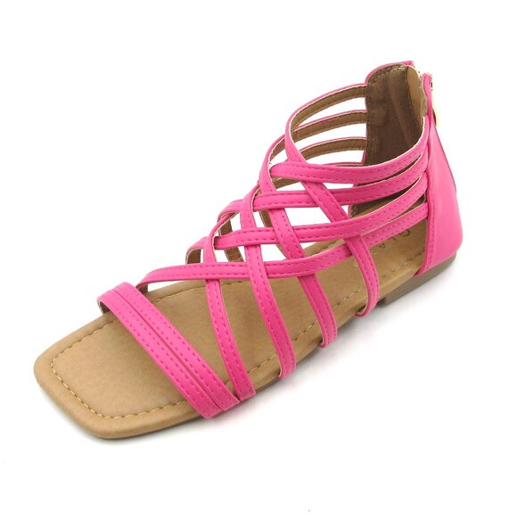 Women's Roman Gladiator Muliti Straped Back Zip Design Flat Heel Sandals Pink - Picture 6 of 6